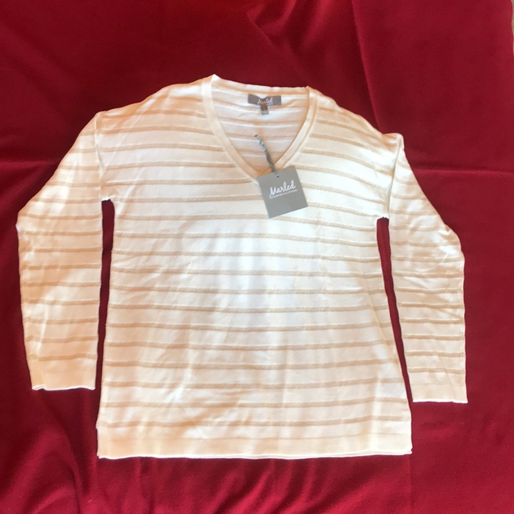 Cream and Gold Striped V-Neck Sweater